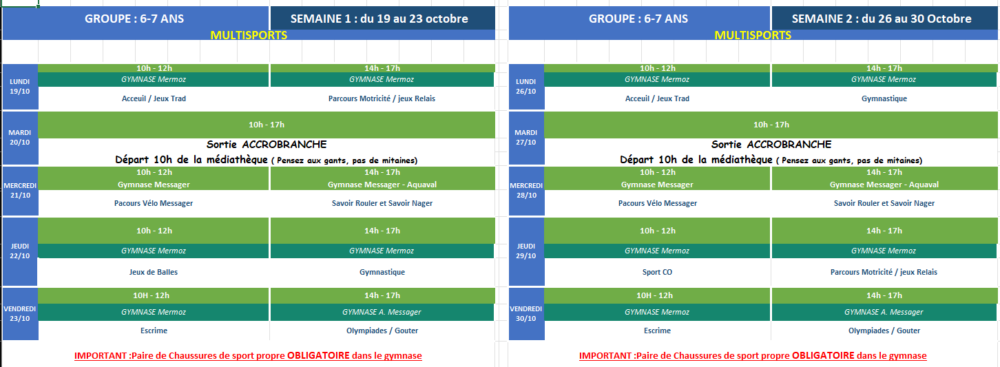 Ouverure des inscriptions stage de la Toussaint - Plannings d'activ...