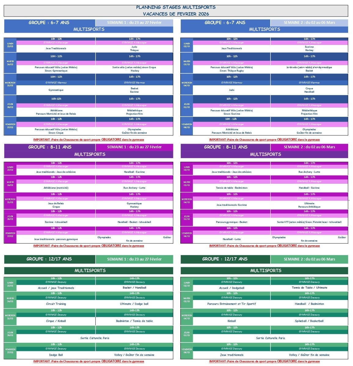 Ouverture Inscriptions Plannings Stage Multisport Vacances Février...