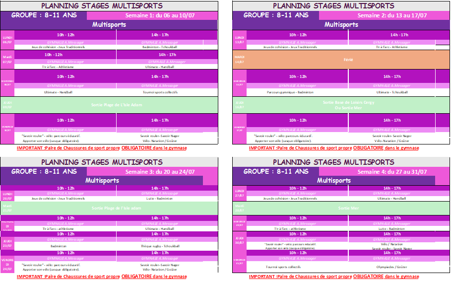 Planning APS 8-11ans Juillet